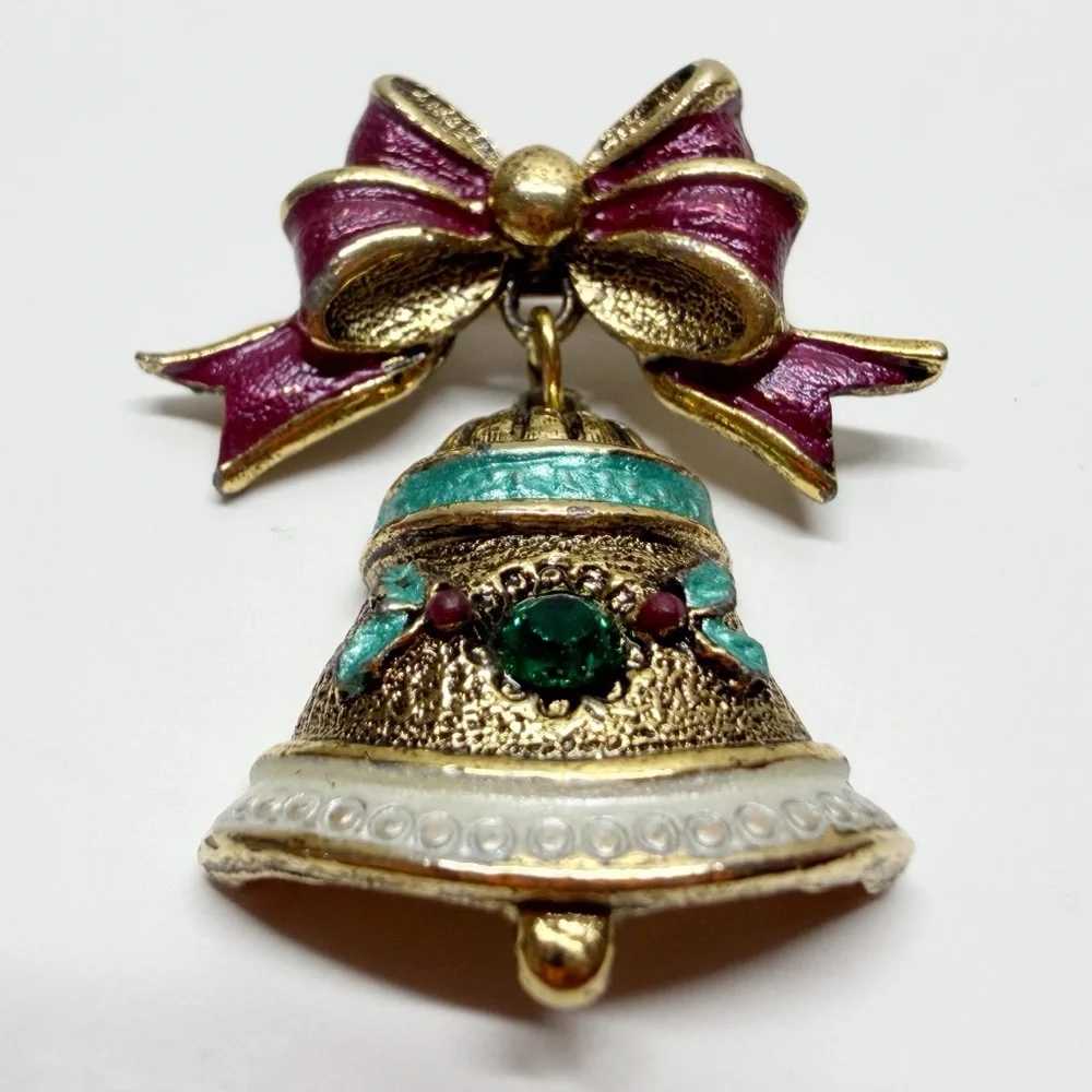 Vintage Enamel Rhinestone Bow Bell Brooch USA